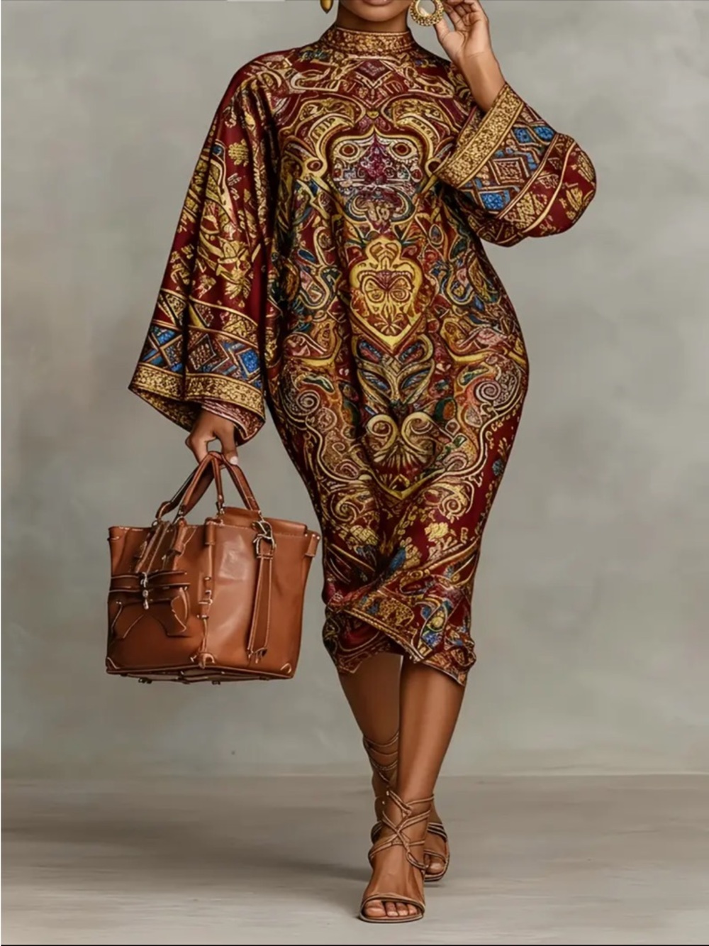 Elegant Burgundy Paisley Midi Dress - Women - Picture 2 of 2